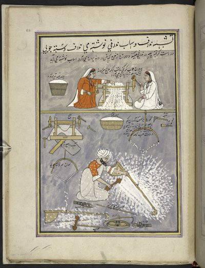 Due donne che sgranano cotone; uomo che carda cotone, 86 disegni rilegati in un volume che raffigurano mestieri e occupazioni in Kashmir, Artigiani al lavoro con i loro strumenti e attrezzature, Di un artista del Kashmir, probabilmente a Srinagar, c.1850-6 da Indian School