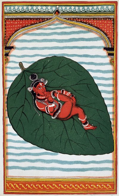 Vishnu o Narayan: Seconda grande divinità della triade brahmanica, la sua nascita - litografia del XVIII secolo da Indian School