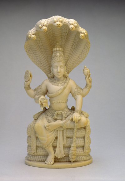 Vishnu seduto sul serpente Sesha, con conchiglia, mazza, disco e loto da Indian School