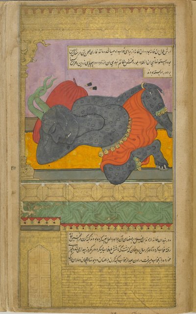 Kumbhakarna, ingannato dagli dei a chiedere a Brahma il dono del sonno interminabile, dorme nella magnifica dimora preparata per lui su ordine di Ravana da Indian School