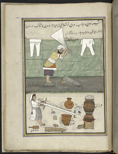 Lavandaio e lavandaia, 86 disegni rilegati in un volume che raffigura mestieri e occupazioni in Kashmir, Artigiani al lavoro con i loro strumenti e attrezzature, da un artista del Kashmir, probabilmente a Srinagar, c.1850-60 da Indian School