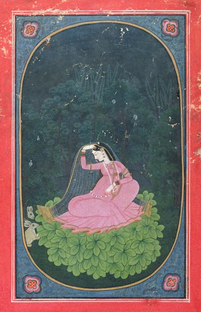 Donna seduta su un letto di foglie in una foresta da Indian School