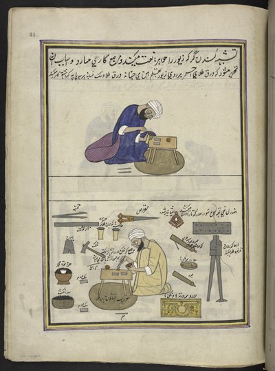 Lavoratori in oro fino (kundan) che fanno gioielli e incastonano gemme, 86 disegni rilegati in un volume che raffigura mestieri e occupazioni in Kashmir, Artigiani al lavoro con i loro strumenti e attrezzature, da un artista del Kashmir, probabilmente a Sr da Indian School
