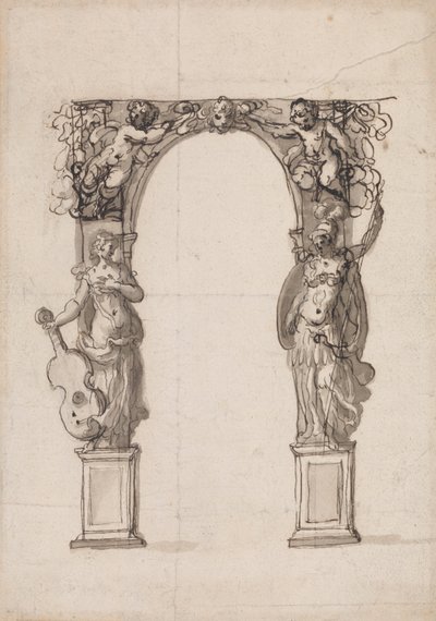 Progetto per un arco temporaneo ornato con putti e figure allegoriche di musica e guerra da Inigo Jones