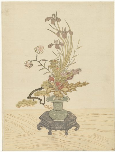 Composizione floreale Ikebana in vaso verde da Ippitsusai Bunchô (manner of)