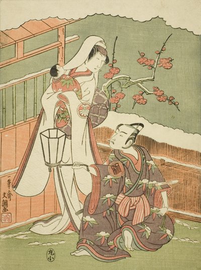 Gli attori Arashi Sangoro II come Minamoto no Yoritomo travestito da fabbricante di cappelli da Ippitsusai Bunchō