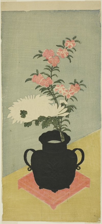 Crisantemi Bianchi e Garofani in un Vaso Nero da Ippitsusai Bunchō