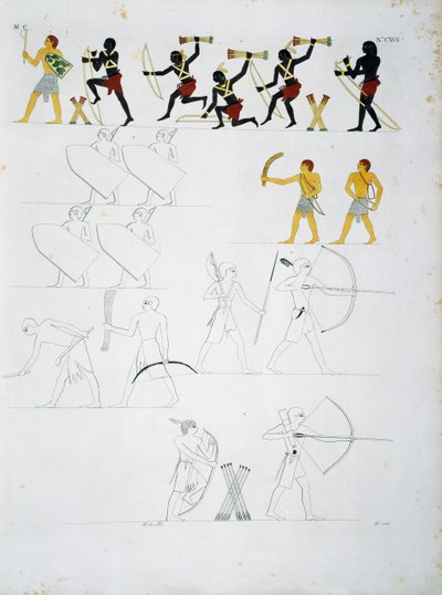Scene militari, soldati con archi e frecce, dalle tombe di Beni Hasan, Tavola CXVIII, dai monumenti d