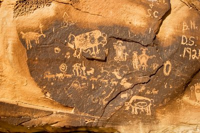 Un petroglifo su un masso con un bisonte e un altro bisonte incinta a Willow Bend, 2005 (foto) da Ira Block