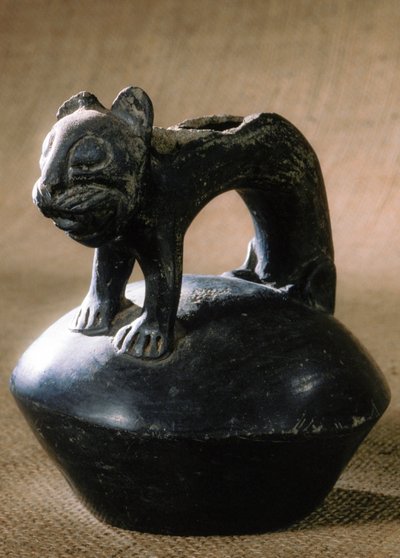 Ceramica felina in stile Chimu, trovata a Purachuco, Perù. L