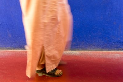 Camminando accanto a un muro blu nel Giardino Majorelle a Marrakech, Marocco, 2014 da Ira Block