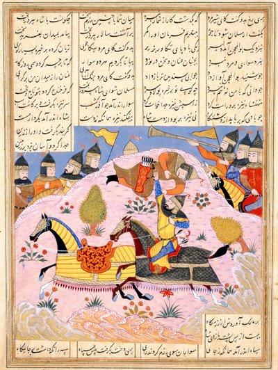Malik solleva Abul Mihjan dalla sella. Dal Khavarannama Il Libro dell