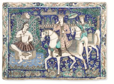 Una grande piastrella modellata e smaltata Qajar, Iran Qajar da Iranian School