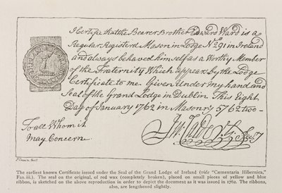 Facsimile del più antico certificato conosciuto emesso sotto il sigillo della Gran Loggia d