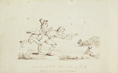 Pop saltò il piccolo con la molla di una cavalletta, illustrazione di un libro che mostra due irlandesi che inseguono un leprechaun, XIX secolo da Irish School