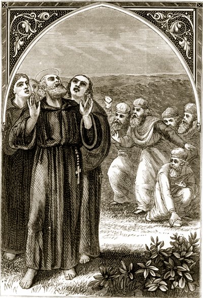 San Columba che canta, e attaccato dai druidi, da The Trias Thaumaturga, o Tre santi miracolosi d