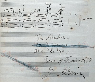 Spartito per la suite per pianoforte "La Vega" con autografo di Isaac Albéniz (1860-1909), compositore e pianista spagnolo. Manoscritto datato 14 febbraio 1897. Biblioteca Nazionale di Catalogna. da Isaac Albeniz