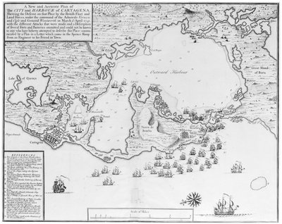 Un nuovo e accurato piano della città e del porto di Cartagena, che mostra la discesa di quel luogo da parte della flotta e delle forze di terra britanniche, sotto il comando degli ammiragli Vernon e Ogle e del generale Wentworth nel marzo e aprile 1741 da Isaac Basire