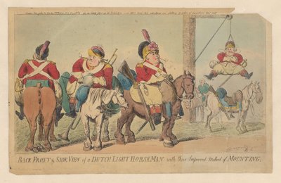Metodo migliorato della cavalleria leggera olandese per montare a cavallo (Vista posteriore, frontale e laterale di un cavaliere leggero olandese, con il loro metodo migliorato di montare) da Isaac Cruikshank (signed by artist)