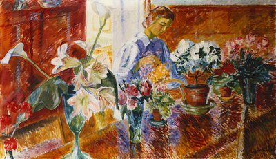 Un interno con una donna che annaffia le piante da Isaac Grunwald