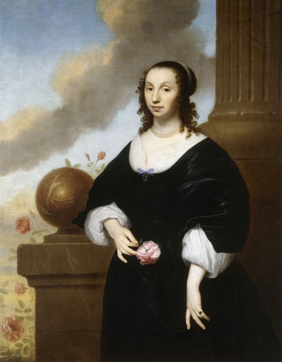 Ritratto di una signora, in piedi a tre quarti di lunghezza, che indossa un abito di raso nero con rifiniture in pizzo bianco da Isaac Luttichuys