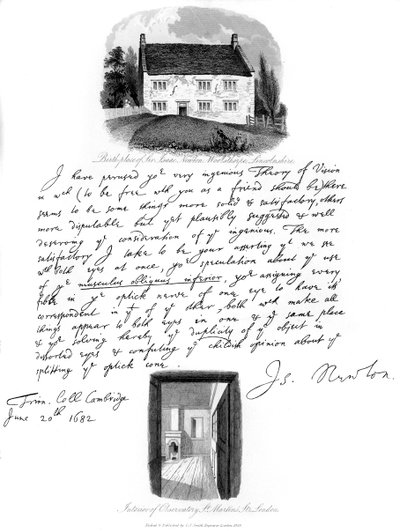 Una lettera di Isaac Newton e una vista del suo luogo di nascita a Woolsthorpe, Lincolnshire, 1682, 1840 da Isaac Newton
