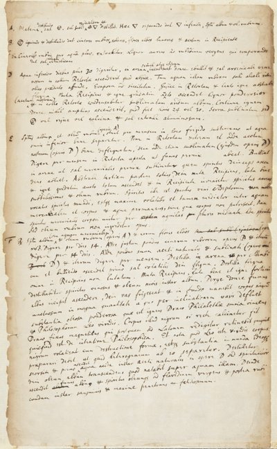 Registrazione di un esperimento in sei fasi a partire dalla distillazione seguita da combustione, ulteriore distillazione, decozione, calcinazione e sublimazione, c.1700 da Isaac Newton