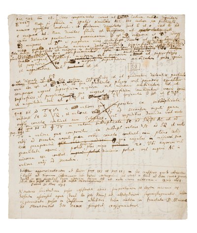 Due pagine di revisioni ai Principia Mathematica da Isaac Newton