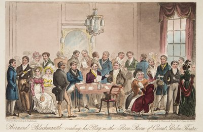 Bernard Blackmantle che legge il suo spettacolo nella Green Room del Covent Garden Theatre, da The English Spy, pub. 1824 da Isaac Robert Cruikshank
