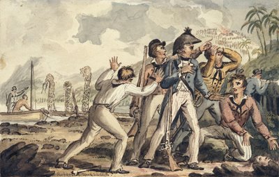 Il capitano Burney scopre i suoi compagni di nave assassinati, illustrazione da "I viaggi del capitano Cook" da Isaac Robert Cruikshank