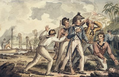 Il capitano Burney scopre i suoi compagni di nave assassinati, dai viaggi del capitano Cook da Isaac Robert Cruikshank