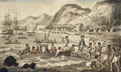 Sbarco del Capitano Cook a Owyhee, illustrazione da "I viaggi del Capitano Cook" da Isaac Robert Cruikshank