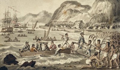 Sbarco del Capitano Cook a Owyhee, dai Viaggi del Capitano Cook da Isaac Robert Cruikshank