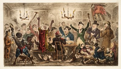 Cortigiani che festeggiano in un rifugio di mendicanti, da The English Spy, pub. 1824 da Isaac Robert Cruikshank