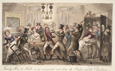 Uomini di famiglia in errore, o una visita inaspettata del vescovo e dei suoi cappellani, da The English Spy, pub. 1824 da Isaac Robert Cruikshank