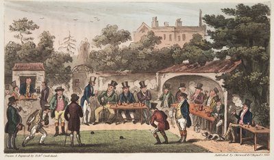 La pista da bowling, Worcester, o personaggi del club Hand and Glove, da The English Spy, pubblicato a Londra, 1824 da Isaac Robert Cruikshank