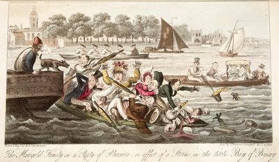 La famiglia Marigold in una festa di piacere, o effetto di una tempesta nella piccola baia di Biscay, da The English Spy, pub. 1824 da Isaac Robert Cruikshank