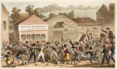 La fila della teiera a Harrow, o la battaglia di Hog Lane, da The English Spy, pub. 1824 da Isaac Robert Cruikshank