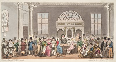 Visitatori noti alla Pump Room, Bath, che bevono con il re Bladud, da The English Spy, pub. 1824 da Isaac Robert Cruikshank