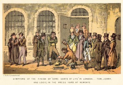 Sintomi della fine di alcuni tipi di vita a Londra, Tom, Jerry e Logic, nel cortile della stampa, a Newgate da Isaac, Robert and George Cruikshank
