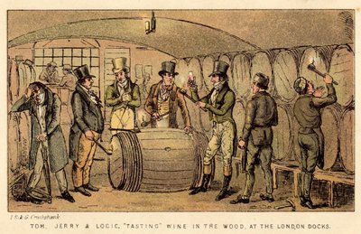 Tom, Jerry e Logic, degustando vino in botte, ai London Docks da Isaac, Robert and George Cruikshank