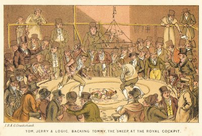 Tom, Jerry e Logic, sostenendo Tommy, lo spazzino, al Royal Cockpit da Isaac, Robert and George Cruikshank