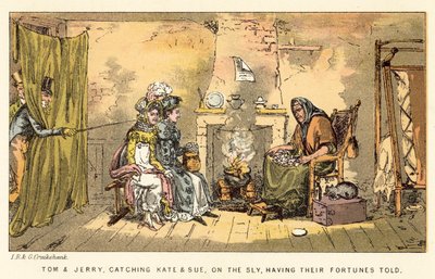 Tom e Jerry, che sorprendono Kate e Sue, di nascosto, mentre fanno leggere loro la fortuna da Isaac, Robert and George Cruikshank