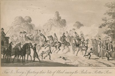 Tom e Jerry che sfoggiano i loro pezzi di sangue tra i rosa a Rotten Row da Isaac, Robert and George Cruikshank