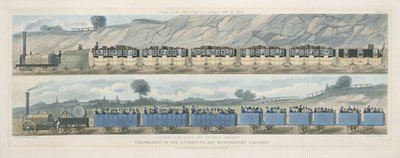 Viaggio sulla ferrovia Liverpool e Manchester: Un treno della prima classe con la posta e un treno della seconda classe per passeggeri esterni, inciso da S.G. Hughes (1831) da Isaac Shaw