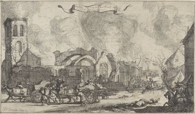 Truppe francesi saccheggiano e sparano tra le rovine del villaggio di Nigtevecht, 1672 da Isaac Sorious