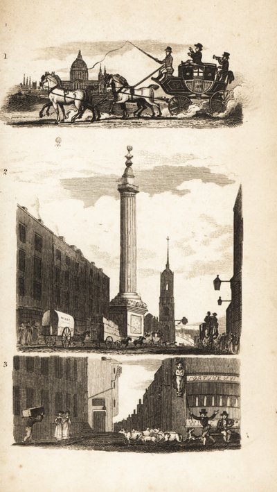 Contadini su una diligenza, il Monumento e Pie Corner da Isaac Taylor
