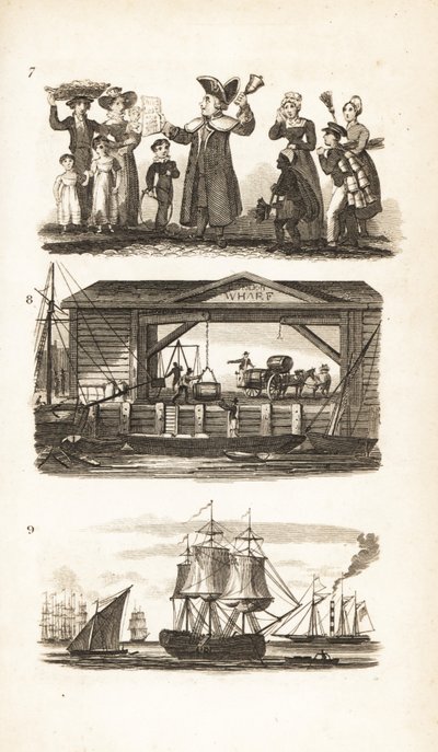 Il campanaro, un molo di Londra e una nave da carbone e chiatta da carbone da Isaac Taylor