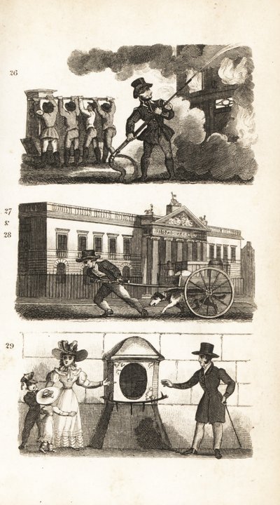 La pompa antincendio, trasporto merci su un camion, East India House e London Stone da Isaac Taylor