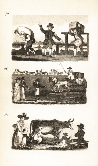 Acquaiolo, facchino con biglietto, facchino della confraternita, stazione delle carrozze e latte fresco dalla mucca da Isaac Taylor